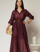  Rochie midi mov din tencel si curea maro in talie