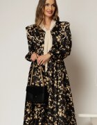  Rochie midi neagra cu imprimeuri bej si guler tip esarfa