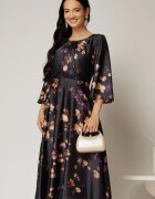  Rochie midi neagra cu imprimeuri mov si detalii la bust