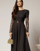  Rochie midi neagra cu maneci din dantela si cordon detasabil