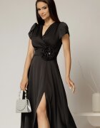  Rochie midi neagra de ocazie cu decolteu petrecut si maneci tip lalea