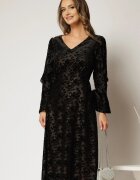  Rochie midi neagra de ocazie cu imprimeu de catifea si decolteu in V