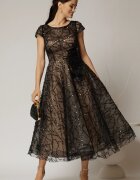  Rochie midi neagra de ocazie din dantela cu paiete si perle