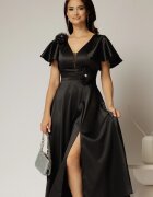  Rochie midi neagra de ocazie din tafta cu maneci evazate si decolteu adanc