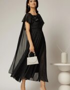  Rochie midi neagra de ocazie din voal cu sclipici si detaiu amplu foral la bust