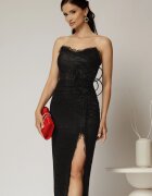  Rochie midi neagra din dantela cu crepeu si detaliu amplu in talie