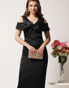  Rochie midi neagra din satin cu paiete la bust si manecute lasate pe umeri- Leonard Collection