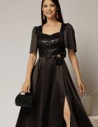  Rochie midi neagra din tafta si paiete cu funda ampla pe talie