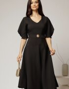  Rochie midi neagra eleganta cu fusta clos decolteu adanc in V si maneci bufante