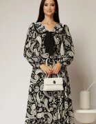  Rochie midi neagra imprimeu floral ivoire cu guler evidentiat cu volanas