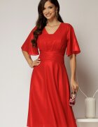  Rochie midi rosie de ocazie din voal cu sidef si decolteu in V