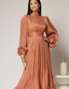  Rochie midi roz coniac de ocazie din voal peliculizat cu maneci ample cu volanase