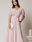  Rochie midi roz cu buline de zi si guler brodat