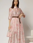  Rochie midi roz cu imprimeuri din tencel
