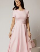  Rochie midi roz cu maneca scurta si curea in talie cu adaos de viscoza