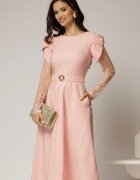  Rochie midi roz cu maneci din dantela si cordon detasabil