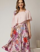 Rochie midi roz de ocazie cu imprimeuri florale pe fusta