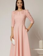  Rochie midi roz de ocazie cu nasturi pe bust si guler cu broderie si margele