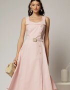  Rochie midi roz din poplin cu nasturi si curea in talie
