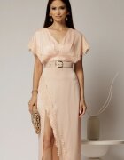  Rochie midi roz din satin cu insertii de dantela