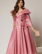  Rochie midi roz din tafta peliculizata cu floare ampla pe talie