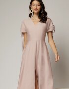  Rochie midi roz din viscoza cu decolteu V si snur la maneci