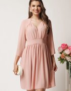  Rochie midi roz in clos din voal cu pliuri la bust