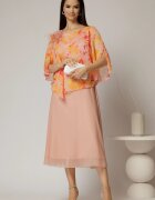  Rochie midi roz somon cu voal cu imprimeuri oranj