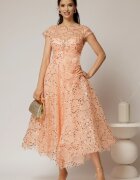  Rochie midi roz somon de ocazie din dantela cu paiete si perle