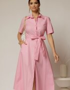  Rochie midi roz tip camasa din poplin cu cordon in talie