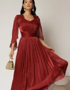  Rochie midi Scarlet bordo din voal peliculizat cu maneci ample si deolteu V