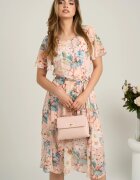  Rochie midi somon din voal cu imprimeuri floreale bleu si cordon in talie