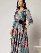  Rochie midi turcoaz cu imprimeu floral si cordon in contrast