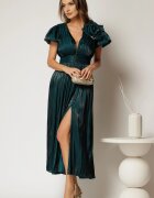  Rochie midi turcoaz de ocazie din voal peliculizat si detaliu amplu floral