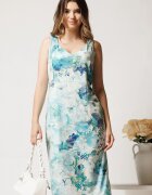  Rochie midi turcoaz din lycra cu croi drept si imprimeu floral