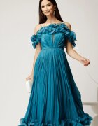  Rochie midi turcoaz in clos din voal satinat cu volanase la bust si la baza