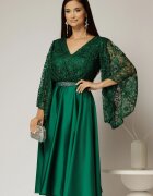  Rochie midi verde de ocazie din satin si dantela
