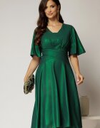  Rochie midi verde de ocazie din voal cu sidef si decolteu in V