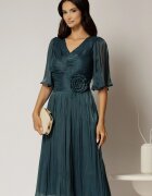 Rochie midi verde din voal peliculizat cu decolteu V