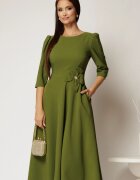  Rochie midi verde fistic din stofa in clos cu floare in talie