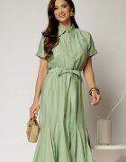  Rochie midi verde fistic din viscoza in clos cu nasturi si cordon