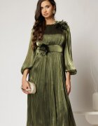  Rochie midi verde fistic din voal peliculizat cu decolteu rotund si detalii ample florale