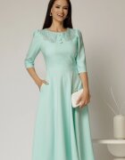  Rochie midi verde menta de ocazie cu nasturi pe bust si guler cu broderie si margele