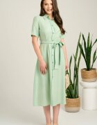  Rochie midi verde mint din viscoza in clos cu aspect sidefat si cordon in talie