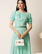  Rochie midi verde mint din viscoza in clos cu buline si curea in talie