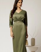  Rochie midi verde satinata cu decolteu in V