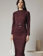  Rochie Moze office din jerse burgundy cu catarama in talie