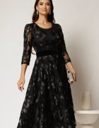  Rochie neagra cu imprimeu floral 3D si cordon catifelat