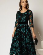  Rochie neagra cu imprimeu floral 3D turcoaz si cordon catifelat