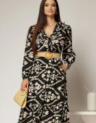  Rochie neagra din stofa cu imprimeu floral ivoar si curea in talie